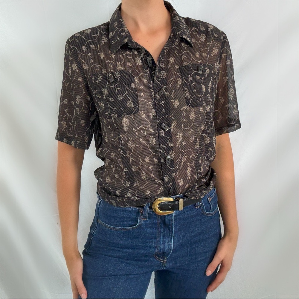 Vintage black gray collared button up short sleeve blouse top women’s medium